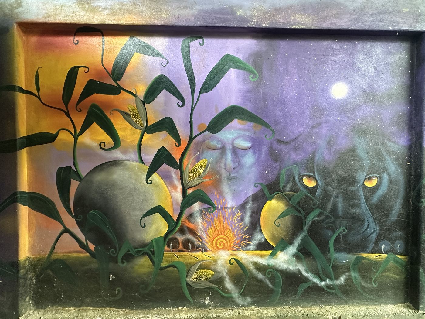Corn, moon and jaguar spirit mural at La Cusinga Lodge, Uvita